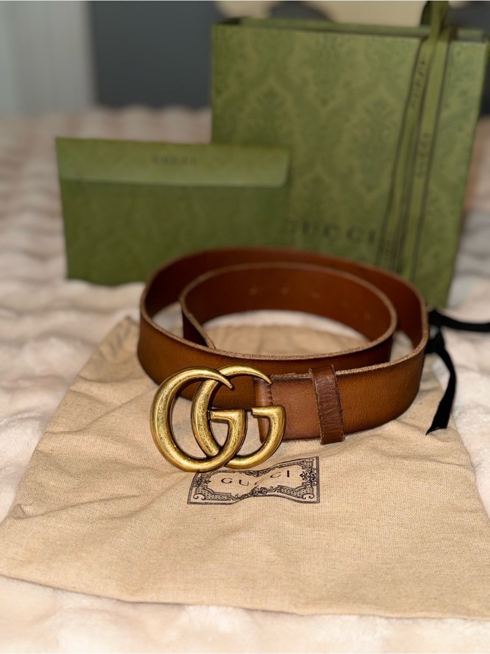 Gucci Tan Leather Belt with Gold Double G Buckle